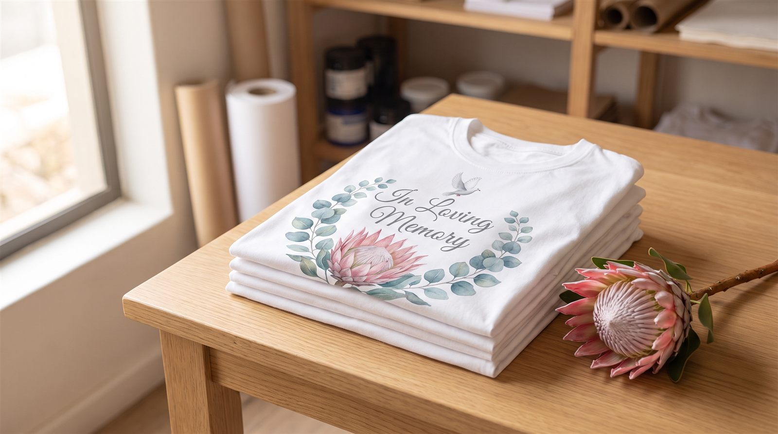 A stack of freshly printed white memorial t-shirts reading In Loving Memory inside a watercolour protea wreath, with a king protea lying beside them on the worktable